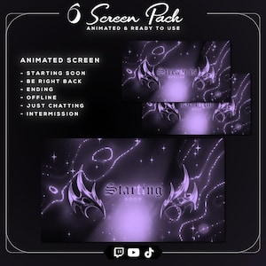 Pode incluir: Um pacote de 6 telas para streaming com fundos animados em roxo, padrões de estrelas brilhantes e detalhes tribais metálicos. O texto inclui Starting Soon, Be Right Back, Ending, Offline, Just Chatting e Intermission para Twitch, YouTube e TikTok.