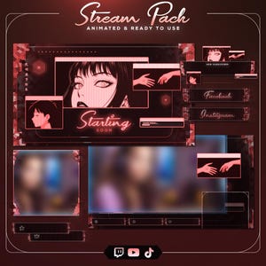 Może przedstawiać: Czerwono-czarny animowany pakiet stream z grafiką w stylu anime. Pakiet zawiera animowane ekrany, nakładki i przyciski mediów społecznościowych. Tekst "Stream Pack" i "Animated & Ready to Use" są wyświetlane u góry. Pakiet zawiera żeńską postać z anime.