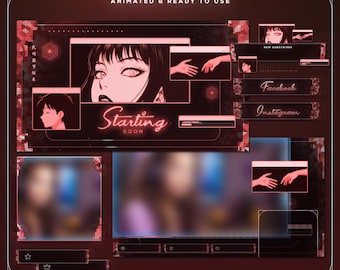 Animated Cyber Red Anime Twitch Overlay Package | Glitch Stream Screens Alerts Panels | OBS Streamlabs TikTok VTuber