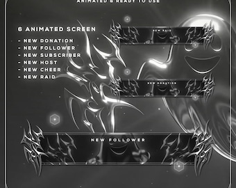 6 Animated Stream Alerts Silver Chrome Y2K Goth Twitch Alerts OBS Streamlabs Vtuber Overlay Cyberpunk Gamer | Streamlabs OBS Overlay