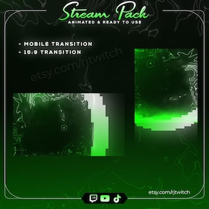 Puede incluir: Gráfico digital en verde y blanco con el texto "Stream Pack" y "Animated & Ready to Use". Presenta transiciones animadas para móvil y formato 16:9. La URL de la tienda Etsy etsy.com/rjtwitch también está presente.