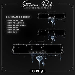 Gothic silver gaming overlay featuring chrome heart artwork, chain details, an animated webcam border, and modern streaming graphics.