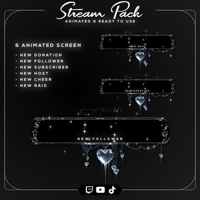 Gothic silver gaming overlay featuring chrome heart artwork, chain details, an animated webcam border, and modern streaming graphics.