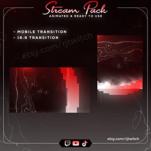 Puede incluir: Un paquete de streaming digital con transiciones animadas en un esquema de color rojo y negro. El gráfico muestra el texto Stream Pack, Animated & Ready to Use, Mobile Transition, 16:9 Transition y la URL etsy.com/rjtwitch.