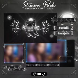 Könnte beinhalten: Ein digitales Stream-Paket mit einem dunklen, futuristischen Design. Die Hauptgrafik zeigt einen lächelnden Geist mit dem Text "Starting Soon". Zusätzliche Elemente sind Social-Media-Buttons für Facebook und Instagram sowie animierte Overlays. Das Paket ist animiert und einsatzbereit.