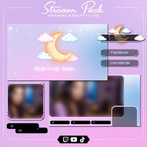 May include: A digital stream pack with a pastel purple and blue color scheme. The design includes a crescent moon, clouds, and stars. The text "Stream Pack" and "Animated & Ready to Use" are displayed at the top. Social media buttons for Facebook and Instagram are included.