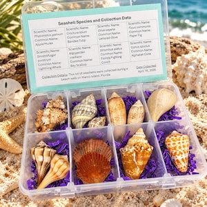 May include: A clear plastic organizer box containing eight distinct seashells nestled on purple shredded paper. The lid features a label titled Seashell Species and Collection Data, listing scientific and common names for each specimen collected on April 16, 2026.