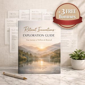 以下が含まれることがあります： 「Retreat Innovations Exploration Guide」というタイトルのハードカバー本。湖と山の風景画像が特徴です。本には、ルーズリーフとペンが付属しています。「+3 FREE Bonuses」の丸いバッジも表示されています。