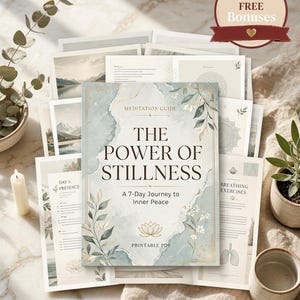 May include: A stack of printable PDF meditation guides titled "The Power of Stillness" with a watercolor design. The cover features floral accents and the text "A 7-Day Journey to Inner Peace." Additional pages and bonus materials are visible.