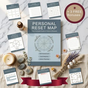 May include: A personal reset map book with accompanying journal pages. The book is light blue with the title "Personal Reset Map" and includes self-assessment, goal mapping, and action planning. Additional bonus pages are included.