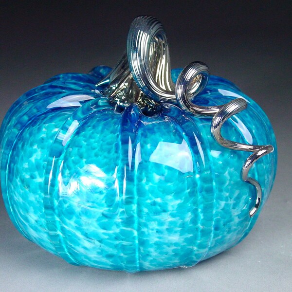 Hand Blown Glass Pumpkin  Aquamarine Jewel Tone