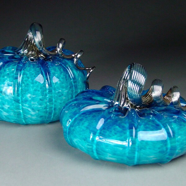 Hand Blown Glass Pumpkin  Aquamarine Jewel Tone Pair