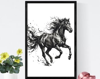 Galopperend paard kunst aan de muur afdrukbare, zwarte inkt paard print, modern paardensport decor, zwart-wit dierenkunstwerken