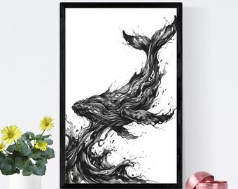 Afdrukbare zwarte vinvis muurkunst, Ocean Wildlife print, monochroom zeedieren decor, digitale download artwork