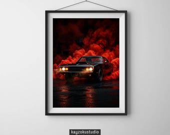 Op de afbeelding: Ingelijste print van een zwarte muscle car omgeven door rode rook. De koplampen van de auto zijn aan, wat een opvallend visueel effect creëert. De tekst "kayzokustudio" staat onderaan.