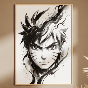 May include: A black and white ink wash style illustration of a character with spiky hair and three whisker-like marks on each cheek, framed in a light wood frame. The artwork features fluid, expressive brushstrokes and high contrast shading.
