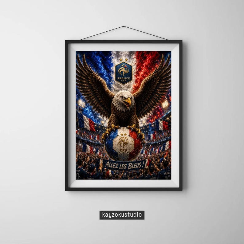 May include: Framed art print depicting an eagle with spread wings above a football. The ball has the colours of the French flag. The background shows a crowd and the French flag. The text "Allez les Bleus!" is visible.