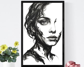 Op de afbeelding: Een ingelijst zwart-wit inktportret van een gezicht met vloeiende, abstracte donkere lijnen die het haar en de nek vormen. Het kunstwerk heeft een hoog contrast, gedetailleerde ogen en lippen, gepresenteerd in een eenvoudige zwarte lijst.