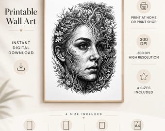 Op de afbeelding: Printbare wandkunst met een gedetailleerde zwart-wit illustratie van een vrouwen gezicht dat overgaat in een bos. De afbeelding bevat de tekst "Printable Wall Art" en "Instant Digital Download". Het kunstwerk is beschikbaar in 4 formaten, waaronder 30 x 45 cm.