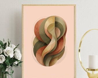 Op de afbeelding: Abstracte kunstprint in een houten lijst. Het kunstwerk toont gelaagde, vloeiende vormen in tinten perzik, bruin en olijfgroen, met dunne, gebogen lijnen. De achtergrond is zacht perzik van kleur.