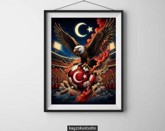 Op de afbeelding: Een ingelijste print met een majestueuze adelaar bovenop een voetbal versierd met de maan en ster van de Turkse vlag. Het kunstwerk is geplaatst tegen een stadionachtergrond met een nachtelijke hemel en rode rook.