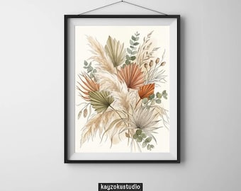 Op de afbeelding: Een ingelijste aquarelprint met een botanische compositie van gedroogde palmbladeren, pampasgras en eucalyptus in beige, oranje en groen. Het kunstwerk bevindt zich in een zwart frame en hangt aan een witte muur. De tekst "kayzokustudio" staat onderaan.