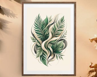 Op de afbeelding: Een ingelijste wandkunstprint met een centrale botanische illustratie van vloeiende groene varenbladeren en bladeren verweven met crèmekleurige en donkergrijze linten, op een lichtcrème achtergrond in een eenvoudige donkerbruine houten lijst.
