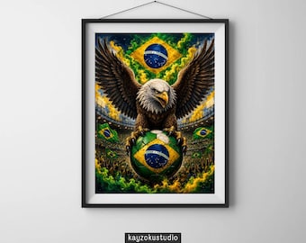 Op de afbeelding: Een ingelijste kunstdruk met een majestueuze adelaar met uitgespreide vleugels bovenop een voetbal, tegen een achtergrond van de Braziliaanse vlag en een stadion vol fans. Het kunstwerk is levendig met groene, gele en blauwe tinten.