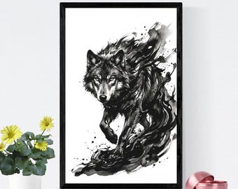 Wolf afdrukbare muurkunst, zwarte inkt wolf print, zwart-wit dieren in het wild decor, donkere dierlijke kunstwerken, digitale download poster