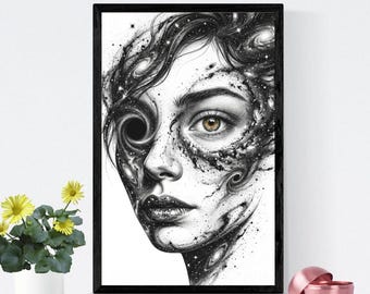 Galaxy Woman afdrukbare muurkunst, kosmisch vrouwelijk portret, Celestial Space decor, zwart-wit digitale download print