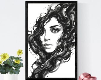 Zwarte inkt vrouw portret afdrukbare muurkunst, zwart-wit vrouwelijk gezicht print, abstract modern decor, digitale download, zwart-wit artwork