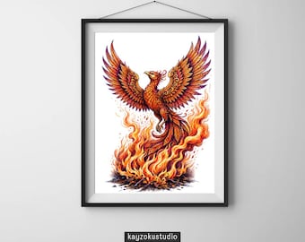 Op de afbeelding: Ingelijste illustratie van een feniks die uit vlammen oprijst, in oranje, rood en goudtinten. De vogel heeft uitgespreide vleugels en staat tegen een witte achtergrond, omlijst in zwart. De tekst "kayzokustudio" staat onderaan het kunstwerk.