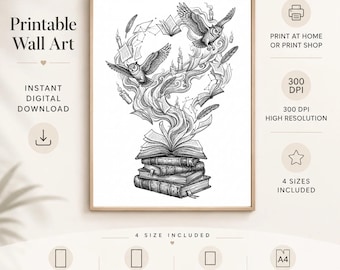 Op de afbeelding: Zwart-wit printbare wandkunst met een stapel boeken waaruit uilen, veren en meer boeken tevoorschijn komen. De tekst "Printable Wall Art" en "Instant Digital Download" zijn zichtbaar.