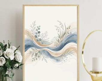 Op de afbeelding: Een ingelijste aquarelprint met vloeiende blauwe en bruine golven met botanische accenten. Het kunstwerk heeft een neutraal kleurenpalet met tinten blauw, bruin en groen. De print zit in een lichtgekleurde houten lijst, geschikt voor woondecoratie.