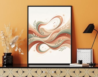 Op de afbeelding: Een ingelijste wandkunstprint met abstracte vloeiende golven in tinten terracotta, saliegroen en crème. Het ontwerp bevat delicate bladillustraties en kleine steraccenten die verspreid over de compositie op een witte achtergrond staan.