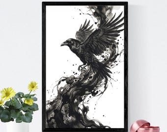 Afdrukbare muurkunst raaf, zwarte inkt kraaikunstwerk, gotische vogelprint, decor Dark Academia, zwart-wit digitale download