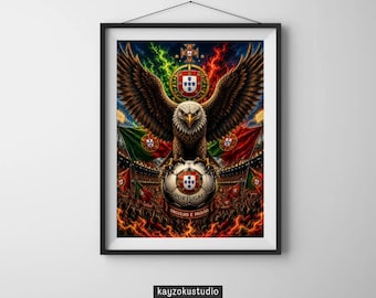 Póster de la bandera del águila de Portugal con marco de madera / Decoración de pared con el escudo del fútbol