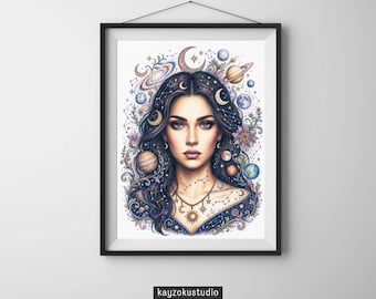 Op de afbeelding: Ingelijste kunstdruk met een aquarel illustratie van een vrouw met lang, donker haar versierd met hemelse elementen. Planeten, manen en sterren omringen haar, met een ketting met een zon- en maan hanger. De print is ingelijst in een zwart frame. De tekst "kayzokustudio" staat onderaan.