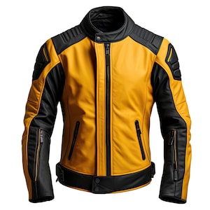Men’s Yellow & Black Biker Leather Jacket – Genuine Motorcycle Riding Gear with Padded Shoulders