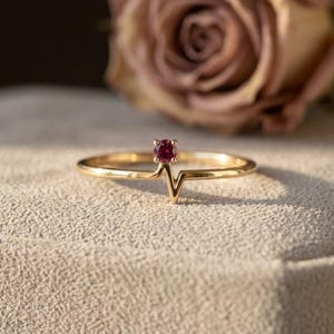 14K Gold  Ruby Heartbeat Ring | Dainty Stacking  promise Band | Minimalist Heart Beat Jewelry | Beautiful Aesthetic Ring | Gift For Her