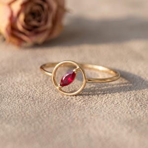 14k Gold Ruby Marquise Circle Ring | Beautiful Open Circle Band | Floating Marquise Ring | Dainty Geometric Jewelry | Gift For Her