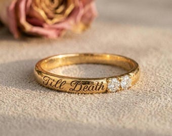 14K Gold Till Death Diamond Accent Ring | Bold Engraved Phrase Band | Gothic Script Wedding Ring | Meaningful Jewelry | Gift for Her