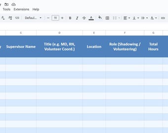 Könnte beinhalten: Eine digitale Tabelle mit dem Titel "Shadowing & Volunteering Log" mit einer blauen Kopfzeile. Die Kopfzeile enthält Spalten für Daten, Organisation, Betreuer, Titel, Ort, Rolle, Stunden, Erkenntnisse und Notizen. Die Tabelle ist in einem Webbrowser geöffnet.