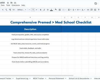 Medical School Prerequisite Tracker | Premed Course Checklist for Google Sheets