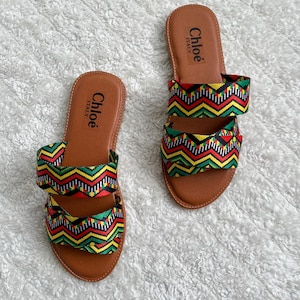 Boho Summer Sandals | Handmade Colorful Slide Sandals | Zigzag Pattern Shoes | Beach Vacation Shoes | Festival Footwear | Gift for Her