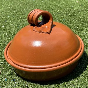 May include: A brown ceramic tagine pot with a domed lid and a loop handle. The pot is sitting on a bed of green artificial turf. The tagine is a traditional cooking vessel.