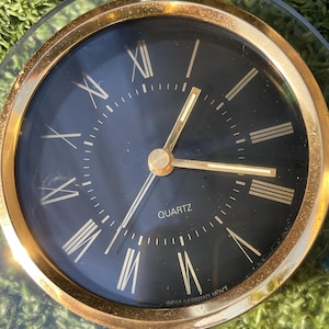 Vintage West Germany Quartz Desk Clock – 5” Wide Clear Lucite & Gold Tone Mantel Clock