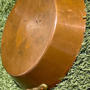May include: A copper-colored, round cooking pot with a brass handle. The pot has a slightly curved side and a flat bottom. The handle is attached to the side of the pot with rivets. The pot is sitting on a green surface.
