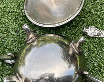 Vintage Silverplate Covered Sugar Bowl with Ornate Floral Handles and Feet, 5" Tall