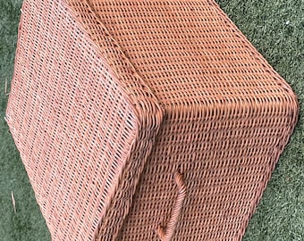 Large 18”x16” Wicker Storage Trunk with Lid – Handwoven Basket Chest with Handles – Boho Farmhouse Decor